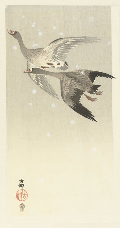 Oies cendrées volant dans la neige - Ohara Koson