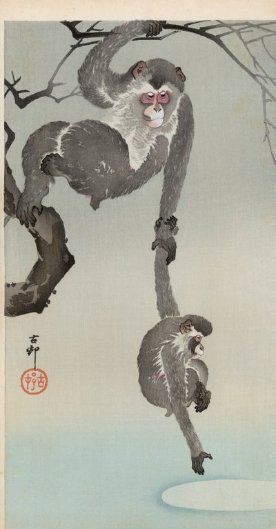 Singe et bébé atteignant le reflet de la lune - Ohara Koson