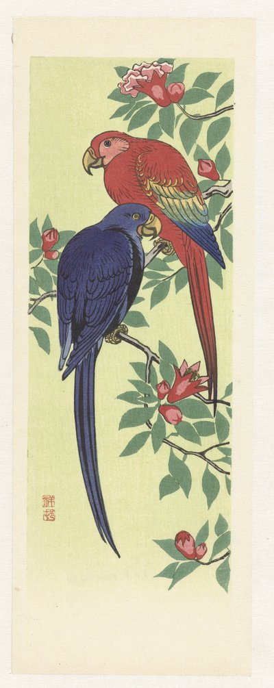 Perroquet rouge et bleu - Ohara Koson