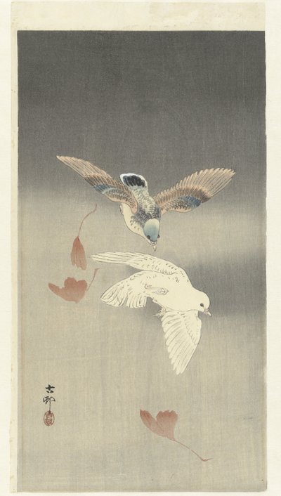 Deux pigeons avec des feuilles de ginkgo tombantes - Ohara Koson