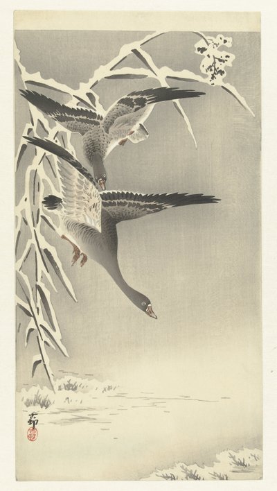 Deux oies des neiges dans un paysage enneigé - Ohara Koson