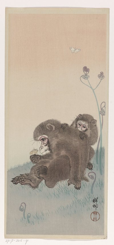 Deux singes avec un papillon - Ohara Koson