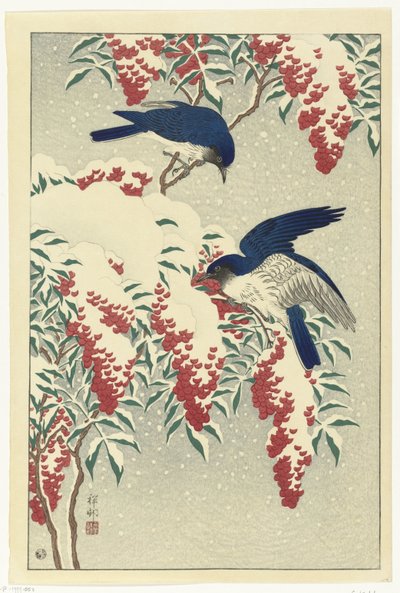 Gobemouches sur un arbuste de nandina - Ohara Koson