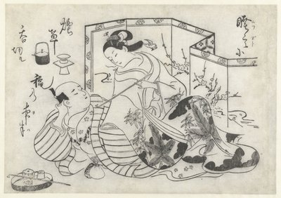 Homme et femme japonais, fumant devant un paravent - Okumura Masanobu (attributed to)