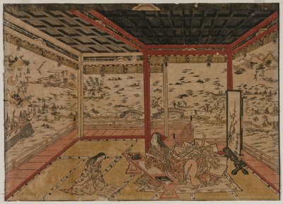 Lady Murasaki à Ishiyama surplombant un panorama avec sept vues du lac Biwa, années 1740 - Okumura Masanobu