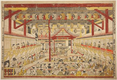 Grande image perspective de la performance Kaomise sur la scène Kabuki (Shibai kyogen butai kaomise o uki-e) - Okumura Masanobu