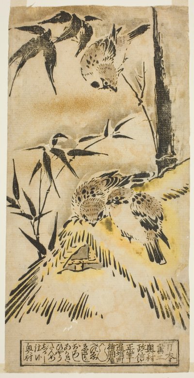 Moineaux, toit de chaume et bambou - Okumura Masanobu