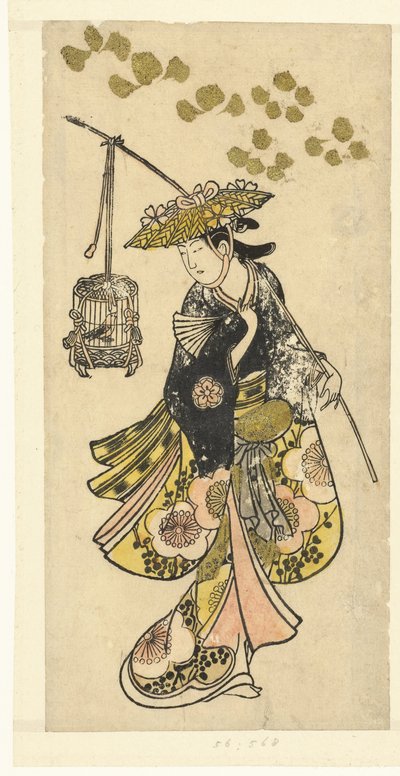 Jeune femme avec cage à oiseaux - Okumura Toshinobu (attributed to)