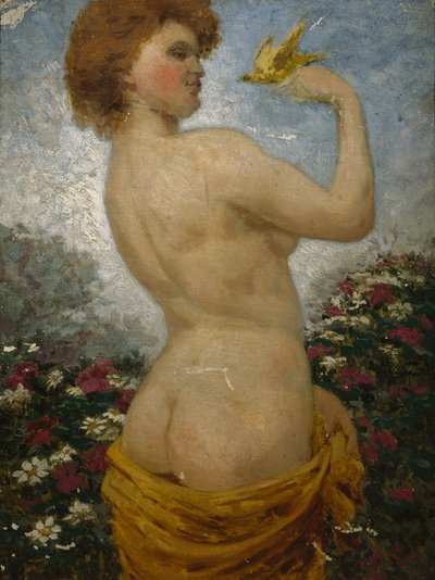 Femme nue avec un oiseau dans le vert - Olaf Isaachsen