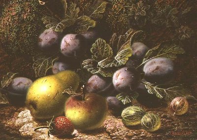 Nature morte avec prunes, groseilles, pomme, poire et fraise - Oliver Clare