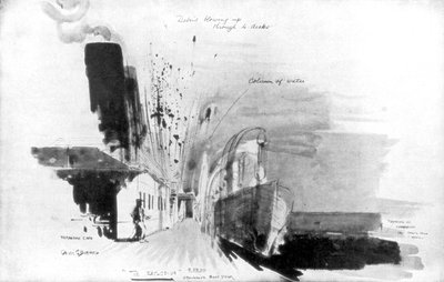 Le moment où une torpille du sous-marin allemand U-20 a touché le RMS Lusitania, 7 mai 1915 - Oliver Percy Bernard