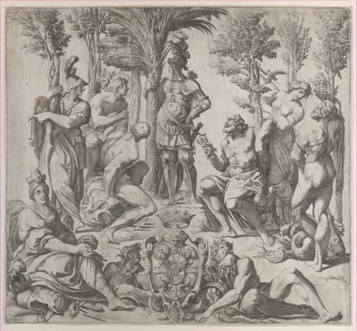 Composition allégorique avec six dieux olympiens autour d