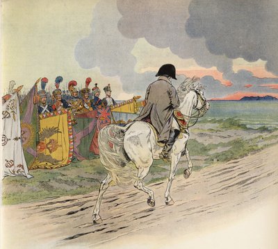 Image imaginaire de Napoléon à cheval, recevant le respect des soldats d