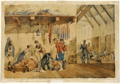 [Caserne] Hôpital de Scutari, scène avec des infirmières et des soldats du régiment des Highlands, 1854-56 - Orlando Norie