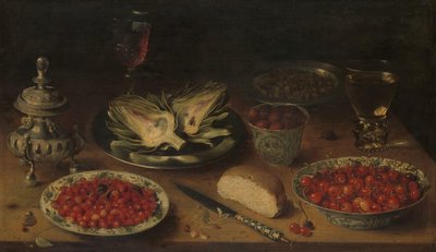 Nature morte avec artichaut, fruits en porcelaine Kraak, une salière/poivrière - Osias Beert (I)