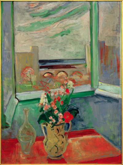 Levanto I : Bouquet de fleurs à la fenêtre avec pont - Oskar Moll