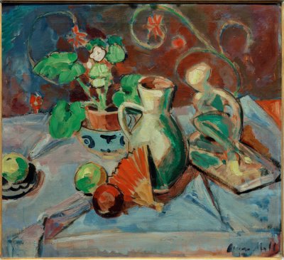Nature morte avec cruche blanche, sculpture, éventail et oranges - Oskar Moll