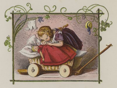 Petite fille embrassant ses poupées pour leur dire bonne nuit (lithographie en couleur) - Oskar Pletsch