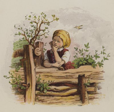 Jeune fille pensive appuyée sur une clôture (lithographie en couleur) - Oskar Pletsch