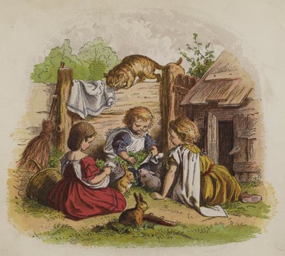 Trois filles jouant avec leurs lapins de compagnie, observées par un chat - Oskar Pletsch