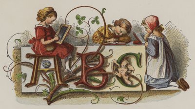 Trois filles pratiquant leur écriture (lithographie en couleur) - Oskar Pletsch