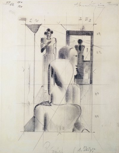 Figures dans une pièce, par Oskar Schlemmer, crayon sur papier. Allemagne, 20e siècle - Oskar Schlemmer