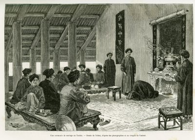 Une cérémonie de mariage au Tonkin. Gravure de Tofani, pour illustrer l