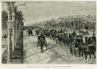 Buenos Aires, avenue Sarmiento, parc Trois Février. Gravure par Tofani, pour illustrer l