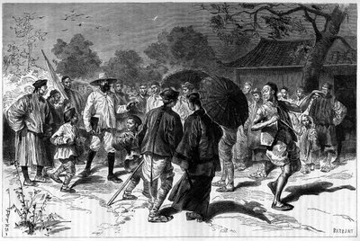 Le Dr Piassetzky voyage en Chine, toujours accompagné de Chinois. Gravure d
