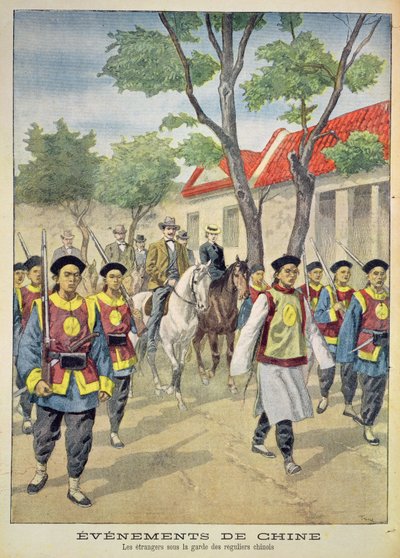 Étrangers européens sous escorte armée par des soldats réguliers chinois pendant la rébellion des Boxers de 1899-1901, illustration de 