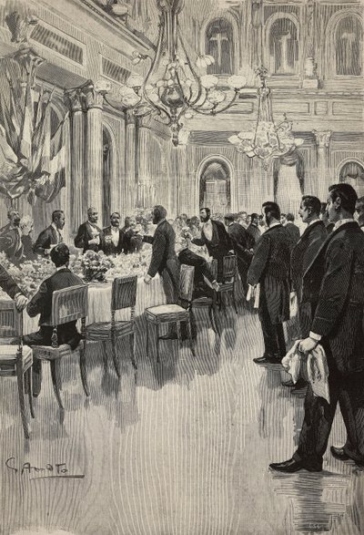 Diplomates italiens trinquant ensemble, Paris, France, gravure d