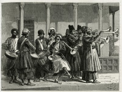 Musiciens saluant le lever du soleil à Ispahan. Gravure pour illustrer l
