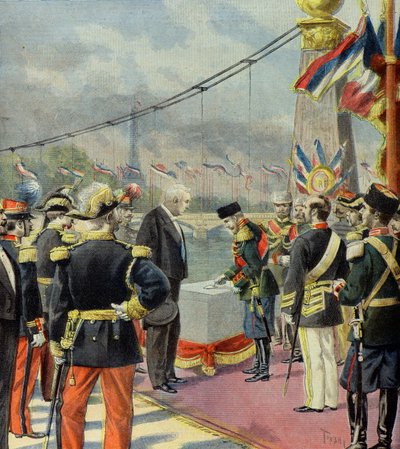 Nicolas 2 pose la première pierre du pont Alexandre 3, en présence de Félix Faure, Paris 1896 (Gravure) - Oswaldo Tofani