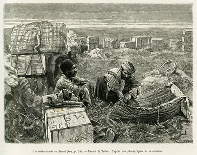 Contrebande de fouilles archéologiques dans le désert persan. Gravure par Tofani, pour illustrer l
