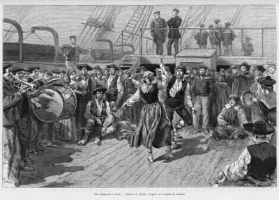 Les émigrants à bord. Gravure par Tofani pour illustrer l