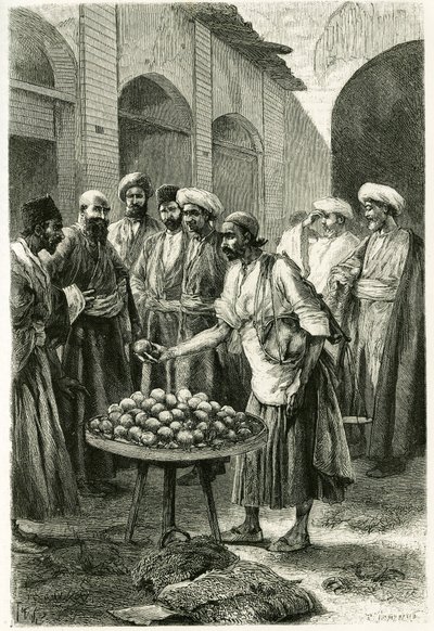 Le marchand de poissons à Kachan (ou Kashan, dans la province de Téhéran, Iran actuel). Gravure par Tofani, d