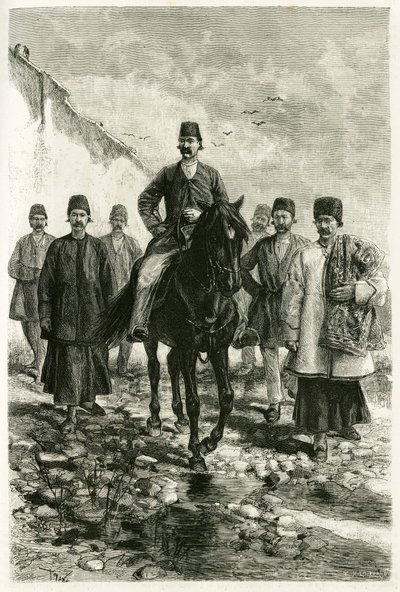 Le gouverneur de Kachan monte un cheval noir et sa suite est à pied. Gravure par Tofani, d