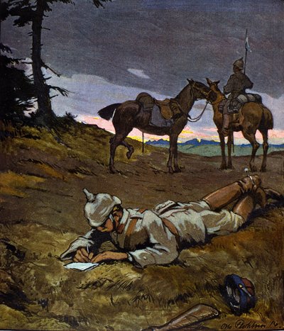 Première Guerre mondiale (1914-1918) : Cavaliers allemands en reconnaissance en 1914. Ils portent des casques à pointe. Peinture d
