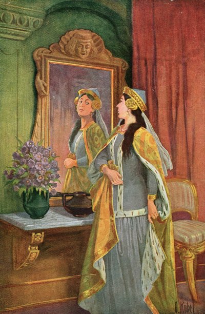 "Miroir, miroir sur le mur, qui est la plus belle de toutes ?", illustration du conte de fées des frères Grimm 