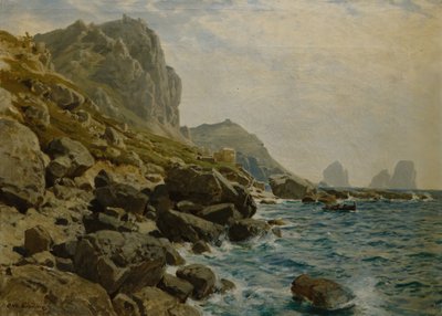 Paysage côtier dramatique avec bateau - Otto Ludvig Sinding