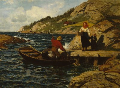 Pêcheur, femme et enfant sur le quai - Otto Ludvig Sinding