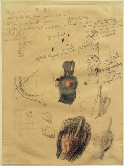 Feuille de croquis avec études de composition et de mains pour Mains levées (Réponses) - Otto Meyer Amden