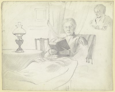 Luise Scholderer lisant avec une table et une lampe, buste d