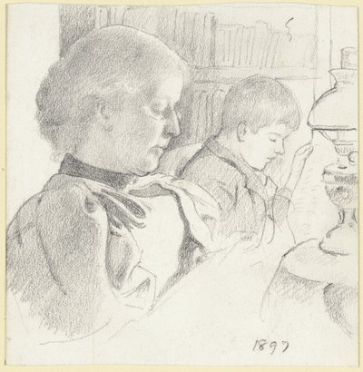 Luise Scholderer et Victor en train de lire - Otto Scholderer