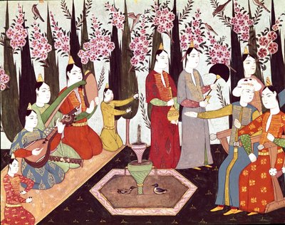 Festivités organisées dans un harem miniature de l