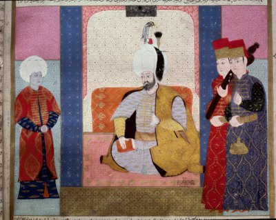 Empire ottoman : Sultan Murad III entouré de courtisans. Miniature du « Zubdat al Tawarikh » (Ms. 1973, fol. 59b) par Seyyd Lokman Ashuri, 1583. Musée d