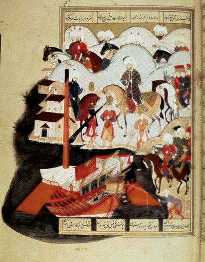 Empire ottoman : Sultan Murad III (1574-1595) visitant le port de Constantinople. Miniature du manuscrit « Sehinsahname » (Histoire du Roi des Rois) - Ottoman School