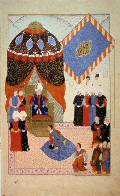 Empire Ottoman : Sultan Soliman (Suleyman) I dit le Magnifique (1520-1566) entouré de courtisanes. Miniature tirée de « Nuzhet el-Esrar el-Ahbar der Sefer-i Sigetvar » (Chroniques des campagnes de Szigetvár) - Ottoman School