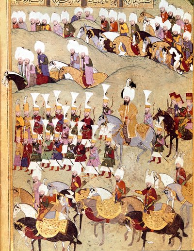 Empire ottoman : représentation du sultan ottoman Murad II (Murat) (1404-1451) et de son armée lors de l