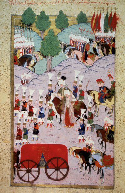 Représentation du Sultan Soliman I dit le Magnifique (1520-1566) et son armée. Miniature du « Hunername » par Lokman, vol. 1 (H 1523, f.7) 1584. Bibliothèque du Musée de Topkapi Sarayi, Istanbul - Ottoman School